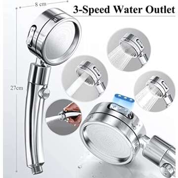 Shower Head, 8" High Pressure Rainfall Stainless Steel Shower Head / 3 Settings On/Off Handshower Combo with Shower Holder and 87" Hose (Chrome)