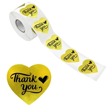 600 Gold Heart Thank You Stickers Roll with Perforation