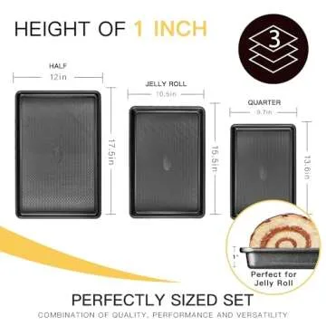 Cookie Sheets for Baking Nonstick - HONGBAKE Baking Sheet Pan Set of 3, Half/Quarter/Jelly Roll Pan for Oven with Diamond Texture Pattern, 57% Thicker Carbon Steel Cookie Trays, Dark Grey