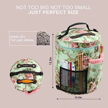 LOOEN Large Capacity/Portable/Lightweight Yarn Storage Knitting Tote Organizer Bag with Shoulder Strap Handles W/Pockets for Crochet Hooks & Knitting Needles (Peony Flower)