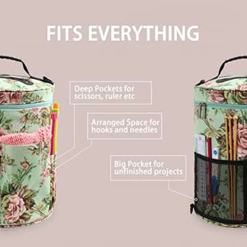 LOOEN Large Capacity/Portable/Lightweight Yarn Storage Knitting Tote Organizer Bag with Shoulder Strap Handles W/Pockets for Crochet Hooks & Knitting Needles (Peony Flower)