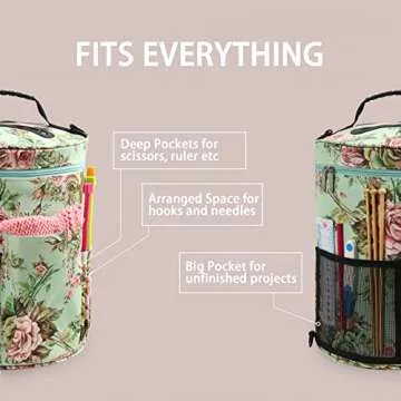 LOOEN Large Capacity/Portable/Lightweight Yarn Storage Knitting Tote Organizer Bag with Shoulder Strap Handles W/Pockets for Crochet Hooks & Knitting Needles (Peony Flower)