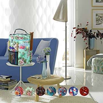 LOOEN Large Capacity/Portable/Lightweight Yarn Storage Knitting Tote Organizer Bag with Shoulder Strap Handles W/Pockets for Crochet Hooks & Knitting Needles (Peony Flower)