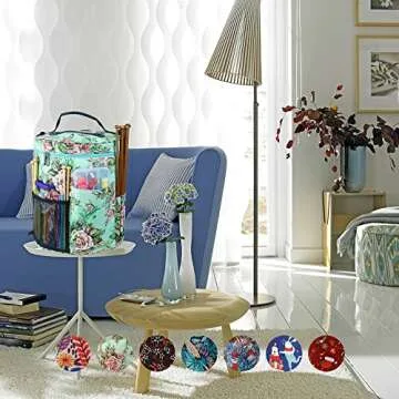 LOOEN Large Capacity/Portable/Lightweight Yarn Storage Knitting Tote Organizer Bag with Shoulder Strap Handles W/Pockets for Crochet Hooks & Knitting Needles (Peony Flower)