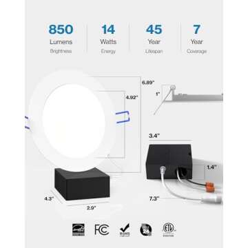 Sunco 4 Pack 6 Inch Ultra Thin LED Recessed Ceiling Lights Slim, 5000K Daylight, Dimmable, 14W=100W, Wafer Thin, Canless with Junction Box - ETL