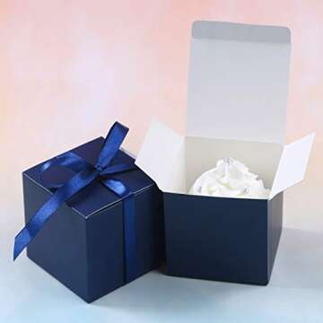 COTOPHER 100pcs Wedding Favor Boxes, Paper Gift Boxes 3x3x3 Inches Small Gift Boxes with Ribbons Small Boxes for Gifts, Crafting, Cupcake, Candy, Bridesmaid Proposal Boxes，Easy Assemble Boxes(Navy)