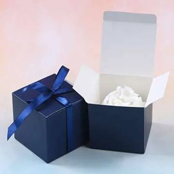 COTOPHER 100pcs Wedding Favor Boxes, Paper Gift Boxes 3x3x3 Inches Small Gift Boxes with Ribbons Small Boxes for Gifts, Crafting, Cupcake, Candy, Bridesmaid Proposal Boxes，Easy Assemble Boxes(Navy)
