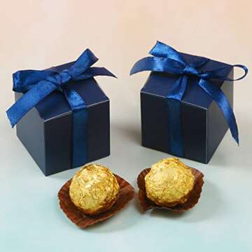 COTOPHER 100pcs Wedding Favor Boxes, Paper Gift Boxes 3x3x3 Inches Small Gift Boxes with Ribbons Small Boxes for Gifts, Crafting, Cupcake, Candy, Bridesmaid Proposal Boxes，Easy Assemble Boxes(Navy)