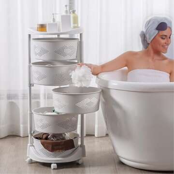 Rotating Storage Rack for Kitchen, 5 Tier Rotating Storage Rack Cart with Top Lid, Fruit and Vegetab...