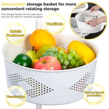 Rotating Storage Rack for Kitchen, 5 Tier Rotating Storage Rack Cart with Top Lid, Fruit and Vegetable Storage Basket, Kitchen Storage Cart with Wheels, Storage Shelf for Living Room Bathroom (5)