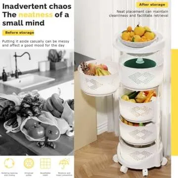 Rotating Storage Rack for Kitchen, 5 Tier Rotating Storage Rack Cart with Top Lid, Fruit and Vegetable Storage Basket, Kitchen Storage Cart with Wheels, Storage Shelf for Living Room Bathroom (5)