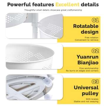 Rotating Storage Rack for Kitchen, 5 Tier Rotating Storage Rack Cart with Top Lid, Fruit and Vegetable Storage Basket, Kitchen Storage Cart with Wheels, Storage Shelf for Living Room Bathroom (5)