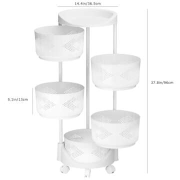 Rotating Storage Rack for Kitchen, 5 Tier Rotating Storage Rack Cart with Top Lid, Fruit and Vegetable Storage Basket, Kitchen Storage Cart with Wheels, Storage Shelf for Living Room Bathroom (5)