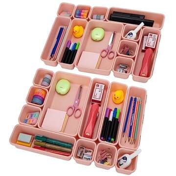 KeFanta 42 Pack Desk Drawer Organizers,Interlocking Junk Drawer Organizers and Storage with 3 Sizes,Desk Drawer Tray Organizer for Office,Bathroom,Kitchen,Makeup(pink)