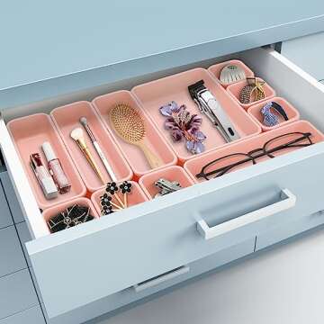 KeFanta 42 Pack Desk Drawer Organizers,Interlocking Junk Drawer Organizers and Storage with 3 Sizes,Desk Drawer Tray Organizer for Office,Bathroom,Kitchen,Makeup(pink)