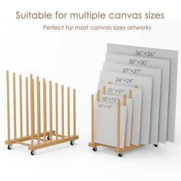 Art Storage Rack with Caster Wheels Art Drying Rack Wood Storage Stand for Canvas Storage, Drawing Board Storage Rack, Printed Matter, Paper Pad for Art Studio, Gallery, Artworks