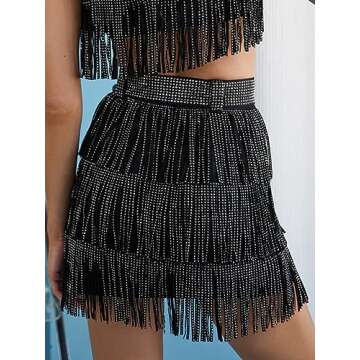 ChiyeeKiss Womens Sparkle Rhinestone Fringe Skirt Elastic Waistband Short Mini Dress with Adjustable and Removable Belt(0002-Black-XL)