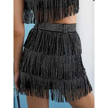 ChiyeeKiss Womens Sparkle Rhinestone Fringe Skirt Elastic Waistband Short Mini Dress with Adjustable and Removable Belt(0002-Black-XL)