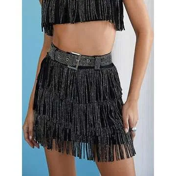 ChiyeeKiss Womens Sparkle Rhinestone Fringe Skirt Elastic Waistband Short Mini Dress with Adjustable and Removable Belt(0002-Black-XL)
