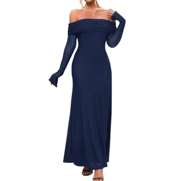 KUTUMAI Women Off Shoulder Bodycon Maxi Dress Long Sleeve Mesh Ruched Party Formal Wedding Guest Dre...
