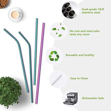 4PCS Reusable Metal Straws,8.5" Stainless Steel Straws with Case -Cleaning Brush for 20/30 Oz for Tumblers (Rainbow)