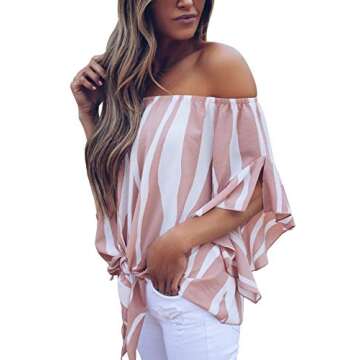 USUASID Women's Striped Off The Shoulder Tops 3/4 Bell Sleeve Tie Knot Casual Blouse Shirts Pink