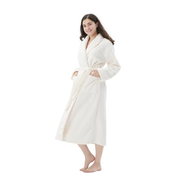 COOVA Women's Bathrobe Shawl Collar - Fluffy Lounge Robe with Pockets, Elegant Sleepwear in White