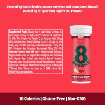 8Greens Daily Greens Skin Effervescent Tablets - for Healthy Skin, Hair, and Nails, Greens Powder, Made with Marine Collagen & Biotin, Vitamin C, Apple Flavor, Pack of 6
