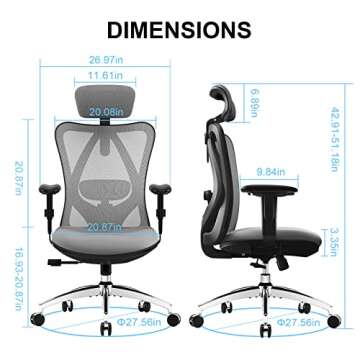 SIHOO M18 Ergonomic Office Chair for Big and Tall People Adjustable Headrest with 2D Armrest Lumbar Support and PU Wheels Swivel Tilt Function Dark Grey