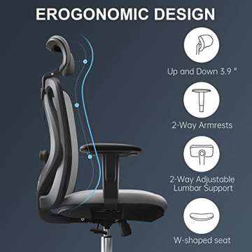 SIHOO M18 Ergonomic Office Chair for Big and Tall People Adjustable Headrest with 2D Armrest Lumbar Support and PU Wheels Swivel Tilt Function Dark Grey