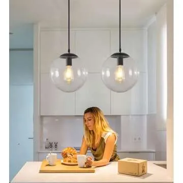 Clear Glass Pendant Light - Modern Black Fixture for Kitchen
