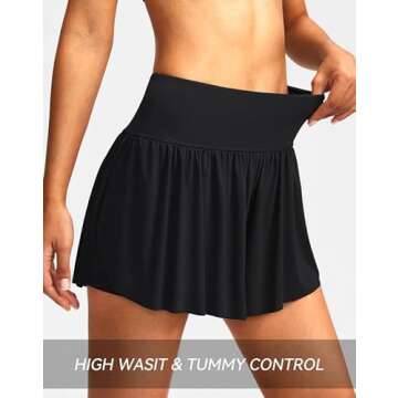Soothfeel Women's High Waisted Swim Skirt Shorts 3" Flowy Swimsuit Bathing Suit Swim Bottoms for Women with Pockets UPF 50+ (Black, L)