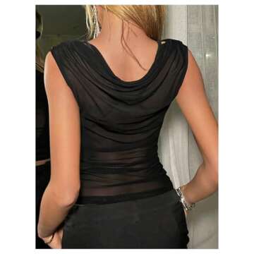 Milumia Women's Sexy Cowl Neck Sleeveless Mesh Top Draped Party Rave Sheer Tank Tops Black Small