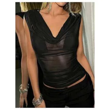 Milumia Women's Sexy Cowl Neck Sleeveless Mesh Top Draped Party Rave Sheer Tank Tops Black Small