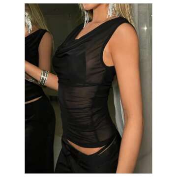 Milumia Women's Sexy Cowl Neck Sleeveless Mesh Top Draped Party Rave Sheer Tank Tops Black Small