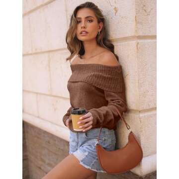 LILLUSORY Womens Off The Shoulder Sweater Oversized Winter Fall Cozy Cute Casual Going Out Batwing Sleeve Vocation Pullover Sweaters 2025 Trendy Clothes Tops Caramel XL