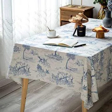GLORY SEASON Rustic Tablecloth Classic French Village Printed Linen Fabric Table Cover Farmhouse Decoration 55x120 Inches Rectangle/Oblong Blue for Kitchen Dining
