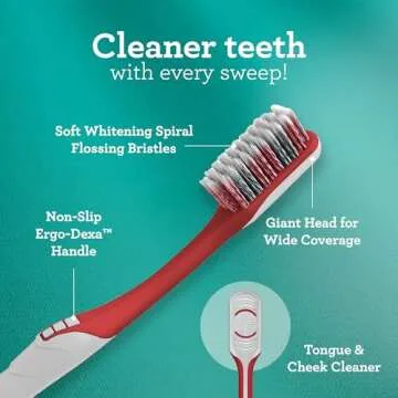 GuruNanda Gentle Giant Toothbrush with Dual Action Flossing Spiral Bristles, Non-Slip Ergo Dexa Grip, Helps in Teeth Whitening, BPA Free, (4 Count)