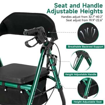 FlyingJoy Rollator Walker Green 8" Large 4 Wheels Rollator Walkers for Seniors with Seat Locking Brakes Adjustable Seat and Arms Aluminum Medical Walker Foldable Removable Back Support 300 lbs