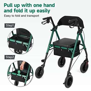 FlyingJoy Rollator Walker Green 8" Large 4 Wheels Rollator Walkers for Seniors with Seat Locking Brakes Adjustable Seat and Arms Aluminum Medical Walker Foldable Removable Back Support 300 lbs