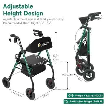 FlyingJoy Rollator Walker Green 8" Large 4 Wheels Rollator Walkers for Seniors with Seat Locking Brakes Adjustable Seat and Arms Aluminum Medical Walker Foldable Removable Back Support 300 lbs