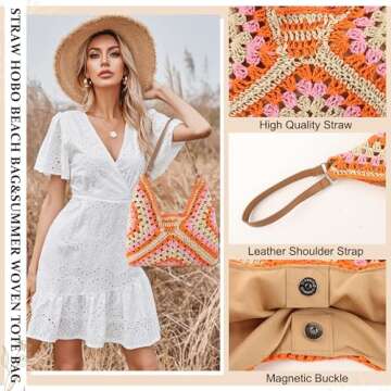 Straw Hobo Beach Bag for Women, Woven Tote Bag Summer Crochet Shoulder Bag Purse with PU Leather Strap,Vintage Foldable Handbag for Everyday Travel Vacation(Orange)