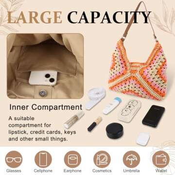 Straw Hobo Beach Bag for Women, Woven Tote Bag Summer Crochet Shoulder Bag Purse with PU Leather Strap,Vintage Foldable Handbag for Everyday Travel Vacation(Orange)