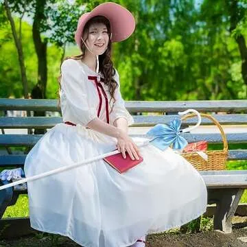 Liitrsh 3 Pcs Halloween Shepherdess Costume Includes Pink Vintage Old Fashioned Bonnet Shepherds Staff for Women Halloween Cosplay Party