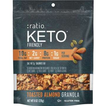 Ratio Trio Toasted Almond Granola Cereal, 1g Sugar, Keto Friendly, 8 oz Resealable Cereal Bag