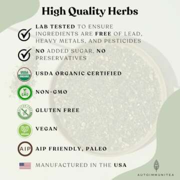 AutoimmuniTea – Soothing Tea Bags for Allergy Relief and Sinus Relief, Organic, Caffeine Free and USDA Certified, Blend of Lemon Balm, Ginger, Nettle, and Licorice, AIP Friendly