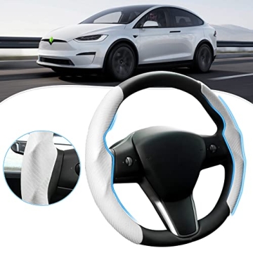 Canvcle Custom-Fit Steering Wheel Cover for Tesla Model 3/Y - Carbon Fiber, Anti-Slip, Comfortable G...