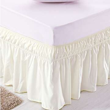 MEILA Wrap Around Bed Skirt Three Fabric Sides Elastic Dust Ruffled 16 Inch Tailored Drop,Easy to Install Fade Resistant-Ivory, Queen/King