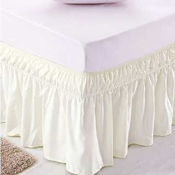 MEILA Wrap Around Bed Skirt Three Fabric Sides Elastic Dust Ruffled 16 Inch Tailored Drop,Easy to Install Fade Resistant-Ivory, Queen/King