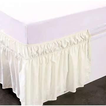 MEILA Wrap Around Bed Skirt Three Fabric Sides Elastic Dust Ruffled 16 Inch Tailored Drop,Easy to Install Fade Resistant-Ivory, Queen/King